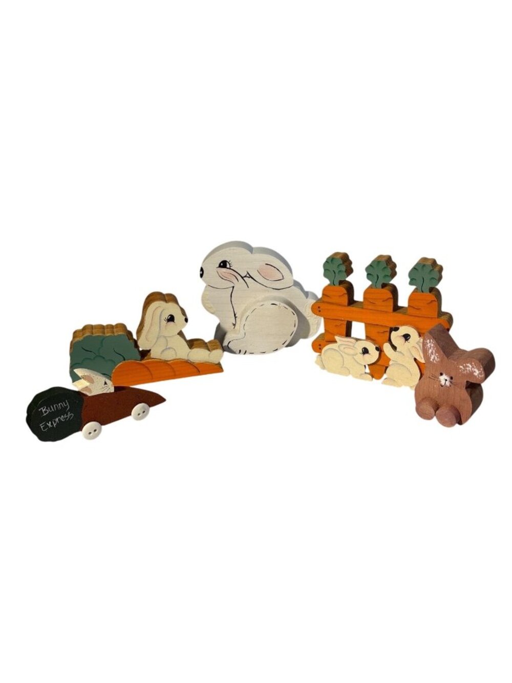 Handcrafted Wooden Bunny Figurine Set Easter & Spring Decor Tole Farmhouse